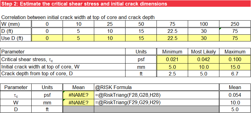 Step 2 of Vertical Rectangular Crack worksheet: Probabilistic analysis using @RISK.